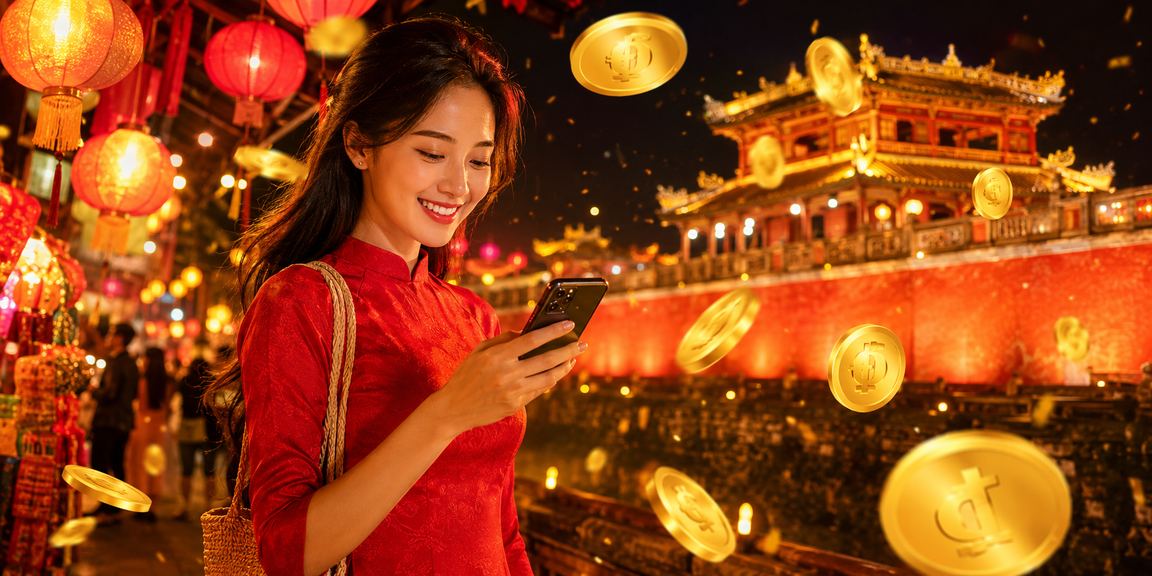 Chợ đêm Huế với người dùng tham gia các hoạt động giải trí trực tuyến và xổ số trên điện thoại